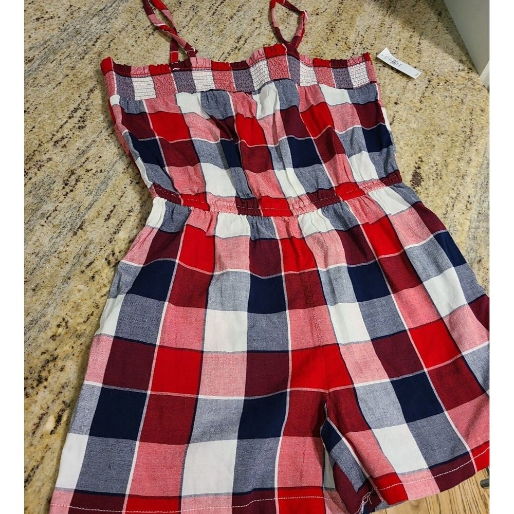 Old Navy Girls Red White Navy Plaid Spaghetti Strap Shorts Romper Size L